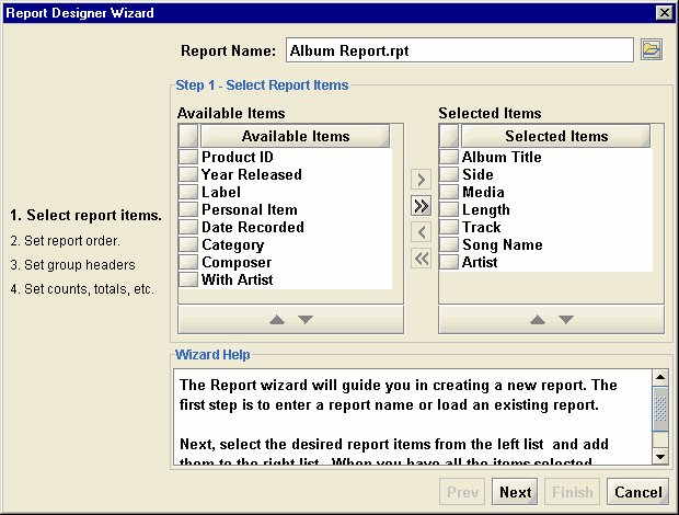 Report Wizard step one